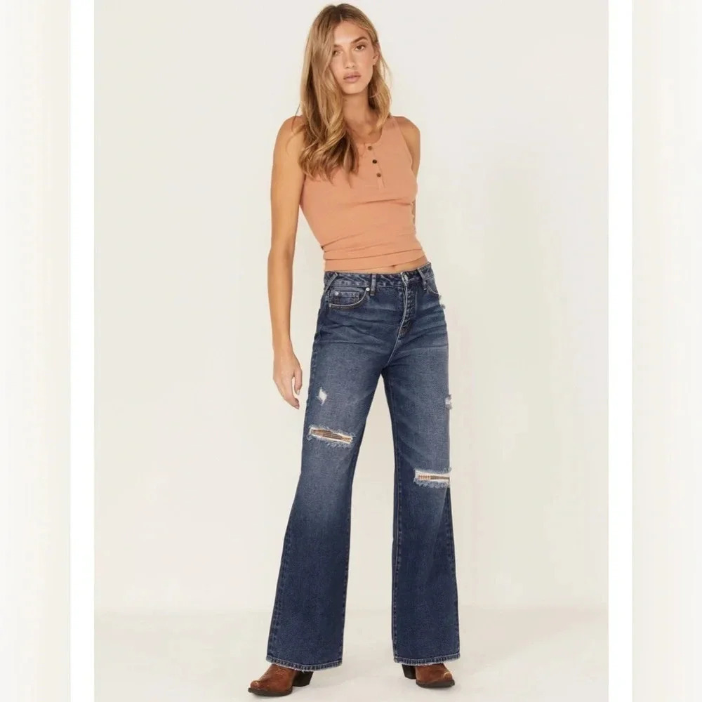 Cleo + Wolf Women's High Rise Patchwork Distressed Western Straight Jeans